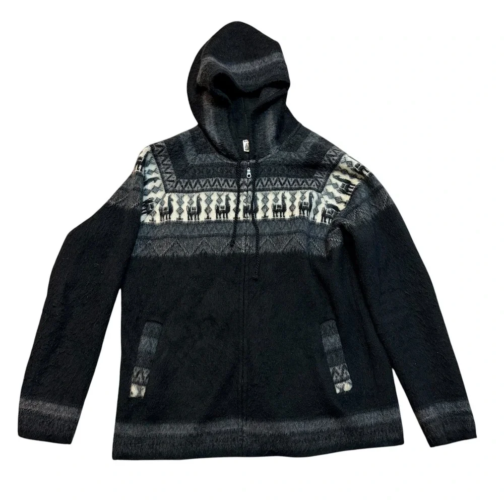Aly Marka Llama Fair Isle Full Zip Hoodie Black Wool Blend Sweater Mens XL